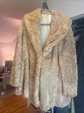 Free People Plush Faux Fur Hooded Coat in Light Beige